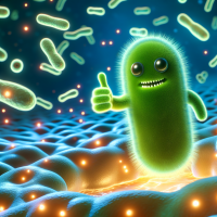una bacteria fotosintetica con el pulgar arriba indicando el final de una presentacion en un clima proviotico bioluminiscente
